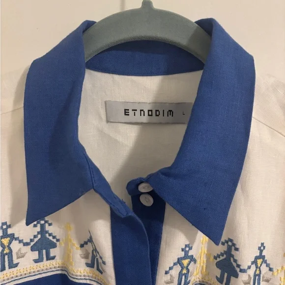 Ukrainian Blue and White Embroidered Unisex Oversized Linen Shirt Vyshyvanka L - Picture 3 of 12